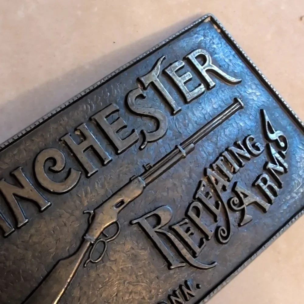 Vintage Solid Brass Belt Buckle Winchester Repeating Arms New Haven CT